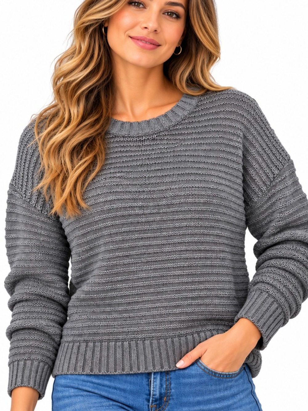 H&M Cotton Gray Ribbed Crewneck Sweater